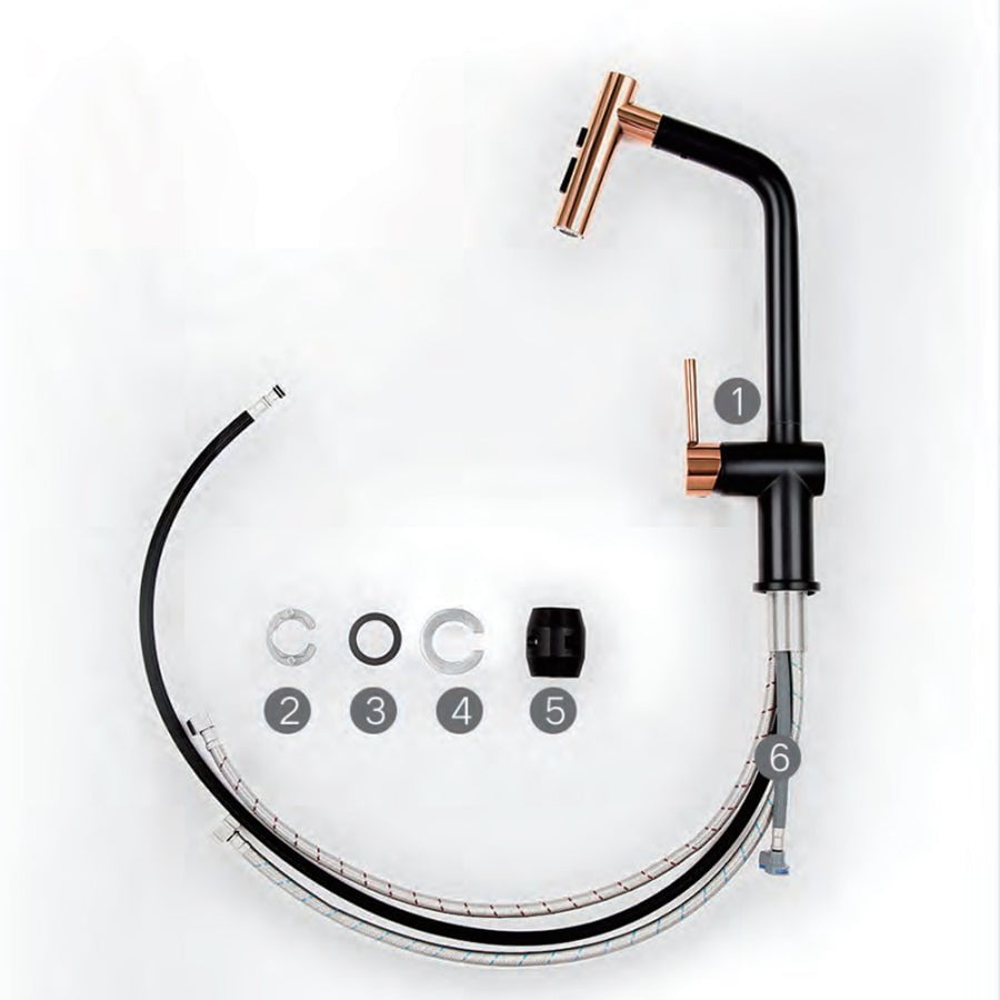 Baterie CookingAid Ferrara Black/Golden Rose cu furtun dus extractibil si buton schimbare dus/jet, culoare negru cu auriu roze