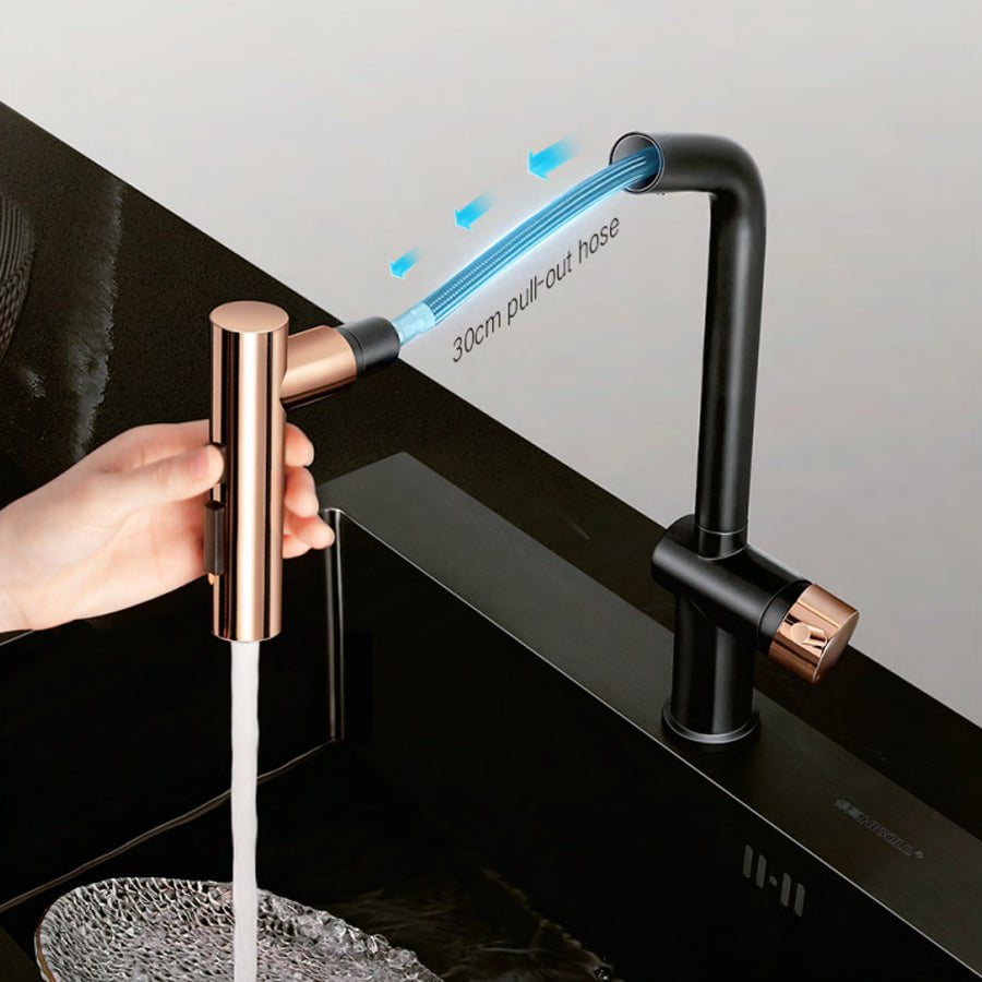 Baterie CookingAid Ferrara Black/Golden Rose cu furtun dus extractibil si buton schimbare dus/jet, culoare negru cu auriu roze