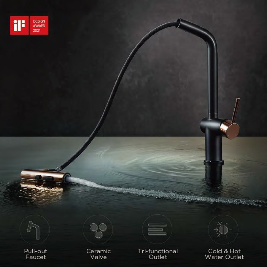 Baterie CookingAid Ferrara Black/Golden Rose cu furtun dus extractibil si buton schimbare dus/jet, culoare negru cu auriu roze