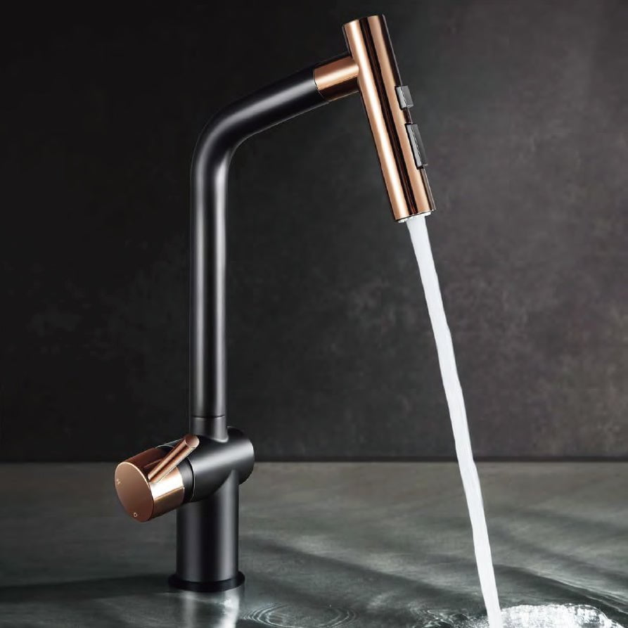 Baterie CookingAid Ferrara Black/Golden Rose cu furtun dus extractibil si buton schimbare dus/jet, culoare negru cu auriu roze