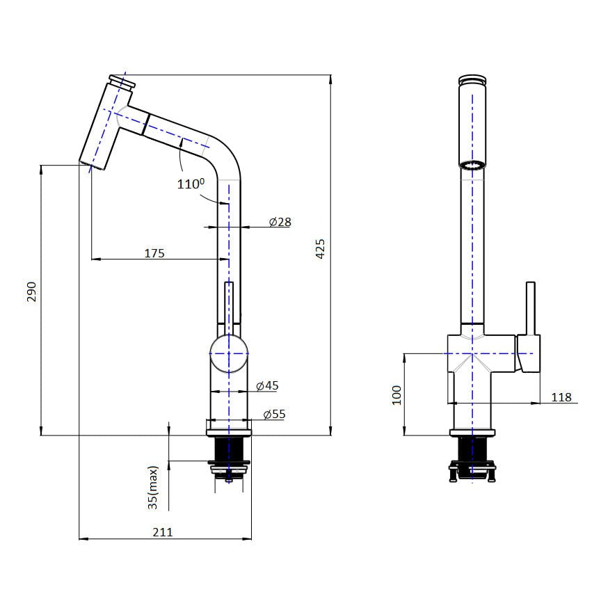 Baterie CookingAid Ferrara Black/Golden Rose cu furtun dus extractibil si buton schimbare dus/jet, culoare negru cu auriu roze