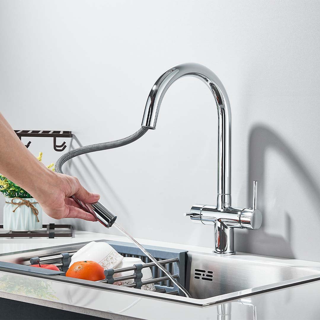 Baterie cu filtru de purificare si dus extractibil, argintiu lucios, cod 1676