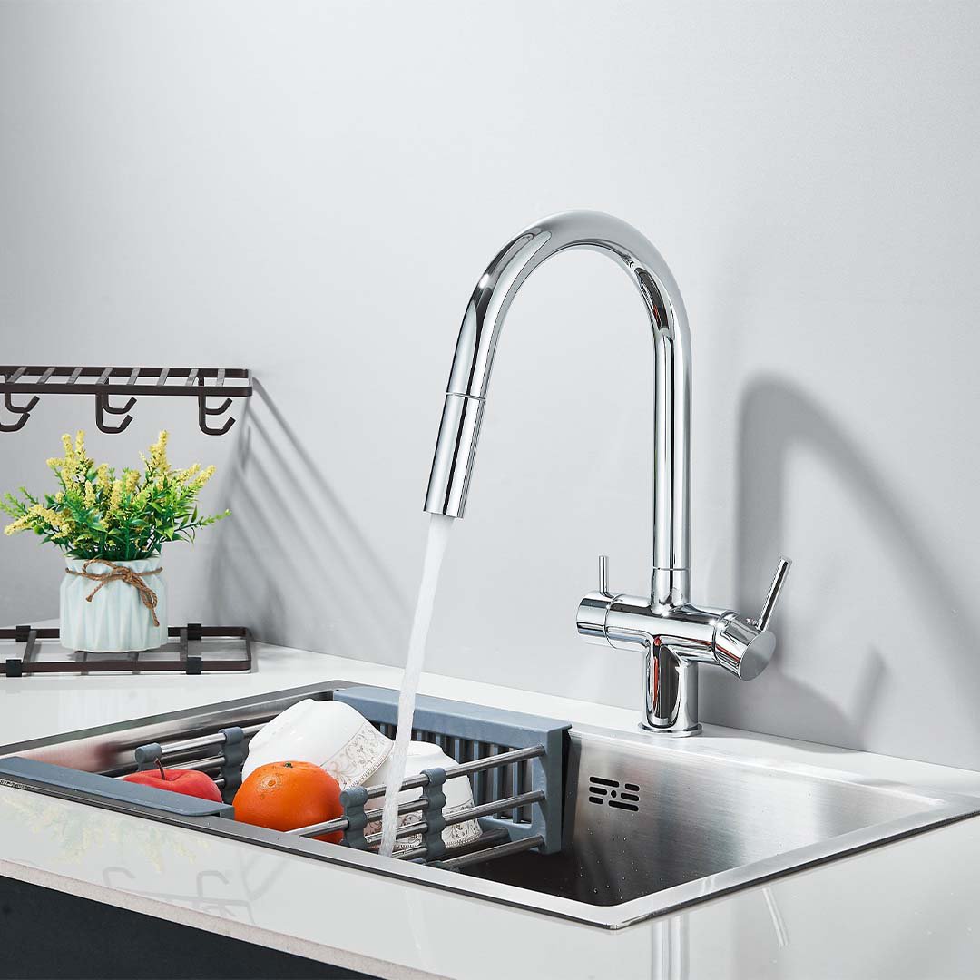 Baterie cu filtru de purificare si dus extractibil, argintiu lucios, cod 1676