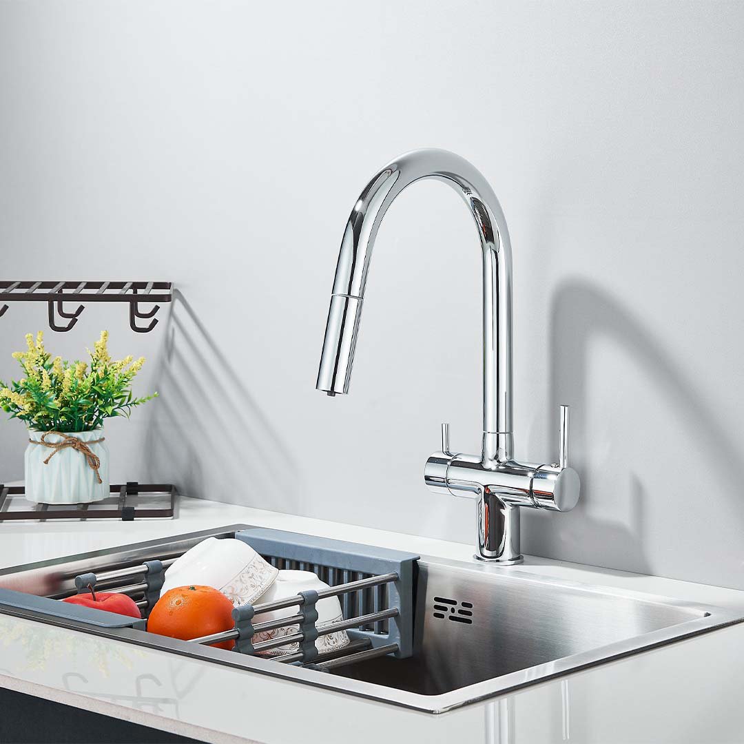 Baterie cu filtru de purificare si dus extractibil, argintiu lucios, cod 1676