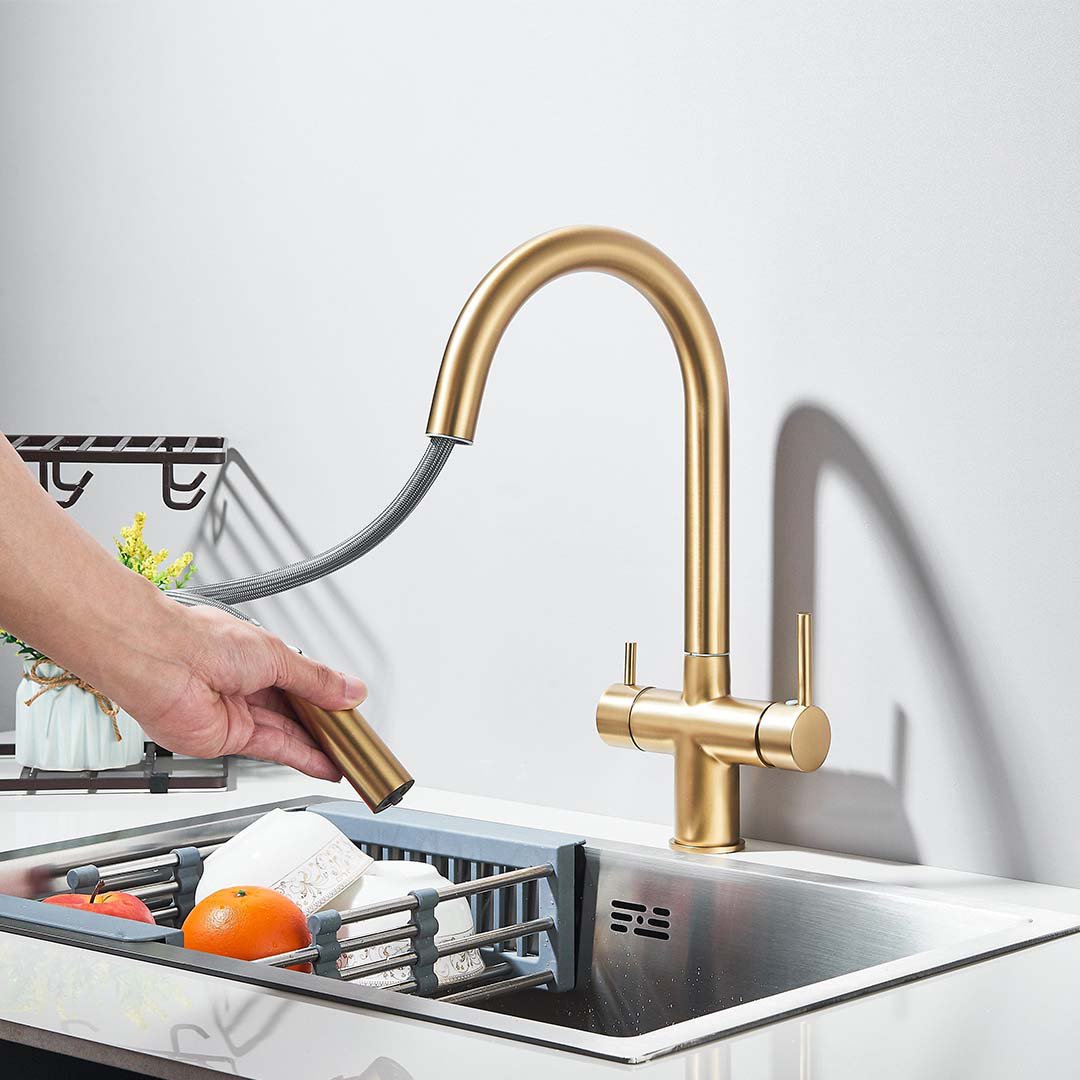 Baterie cu filtru de purificare si dus extractibil, auriu mat, cod 1678