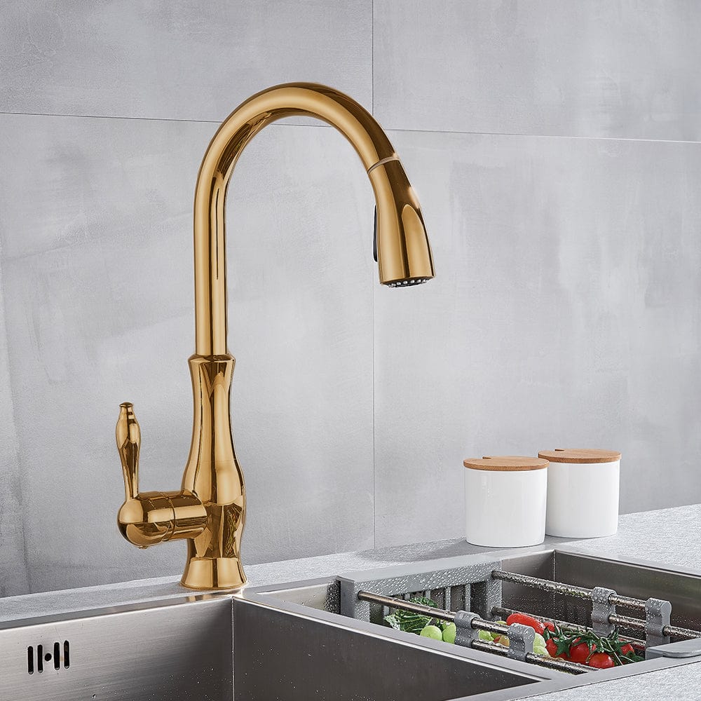 Baterie de bucatarie, aurie, cu furtun extractibil si 2 functii de curgere a apei, cod 1322