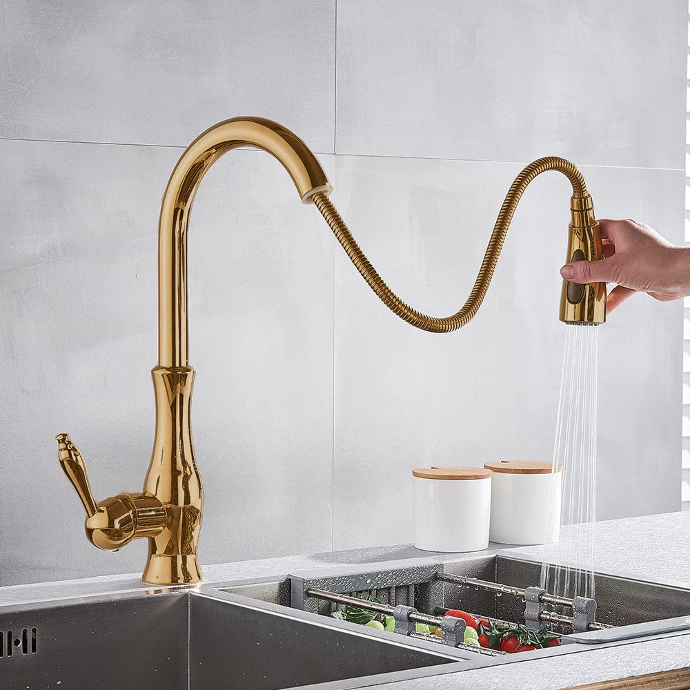 Baterie de bucatarie, aurie, cu furtun extractibil si 2 functii de curgere a apei, cod 1322