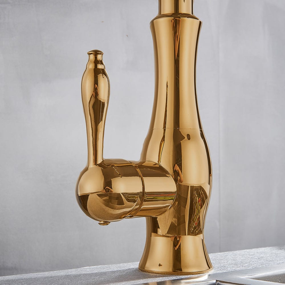 Baterie de bucatarie, aurie, cu furtun extractibil si 2 functii de curgere a apei, cod 1322