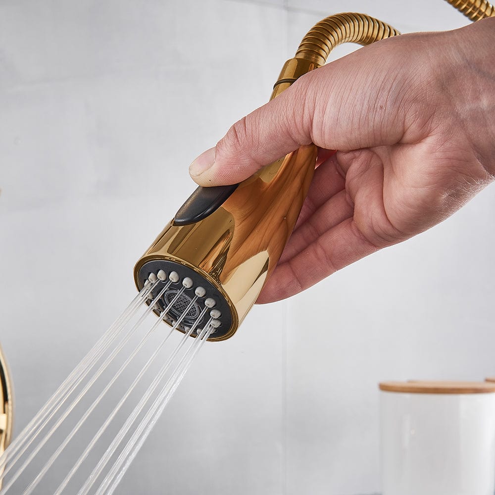 Baterie de bucatarie, aurie, cu furtun extractibil si 2 functii de curgere a apei, cod 1322