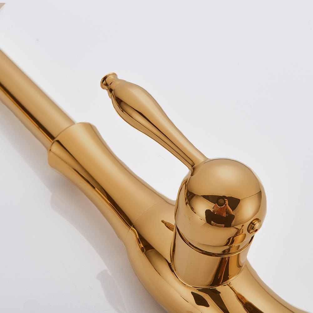 Baterie de bucatarie, aurie, cu furtun extractibil si 2 functii de curgere a apei, cod 1322