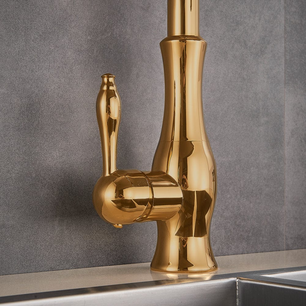 Baterie de bucatarie, aurie, cu furtun extractibil si 2 functii de curgere a apei, cod 1322