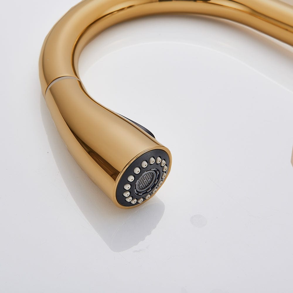 Baterie de bucatarie, aurie, cu furtun extractibil si 2 functii de curgere a apei, cod 1322