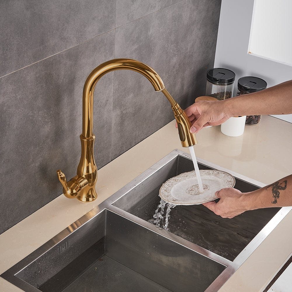 Baterie de bucatarie, aurie, cu furtun extractibil si 2 functii de curgere a apei, cod 1322