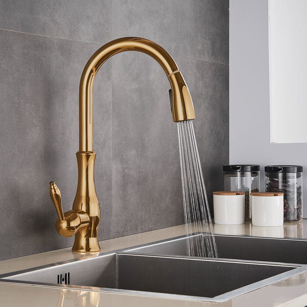 Baterie de bucatarie, aurie, cu furtun extractibil si 2 functii de curgere a apei, cod 1322