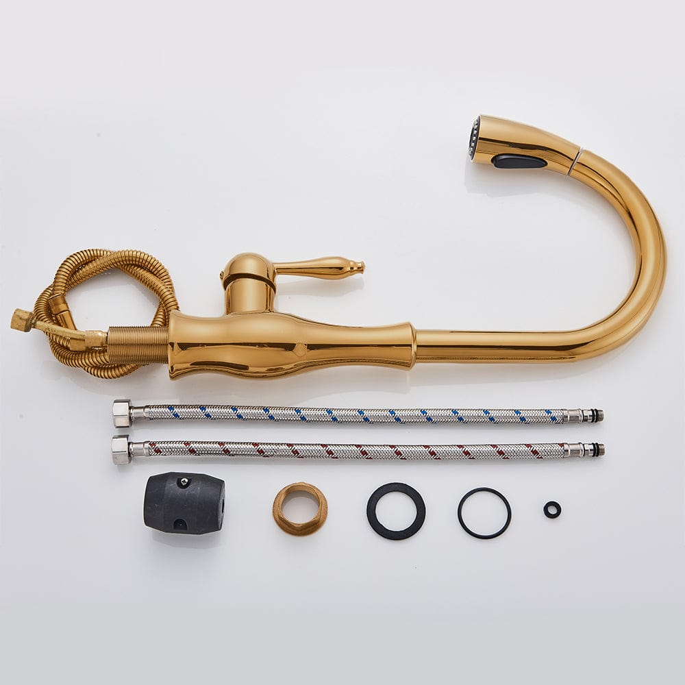 Baterie de bucatarie, aurie, cu furtun extractibil si 2 functii de curgere a apei, cod 1322