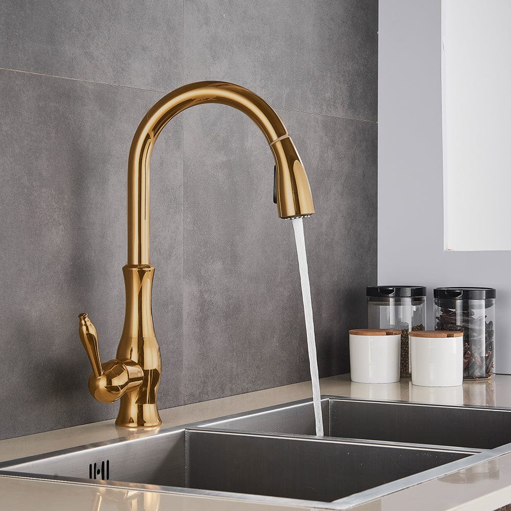 Baterie de bucatarie, aurie, cu furtun extractibil si 2 functii de curgere a apei, cod 1322