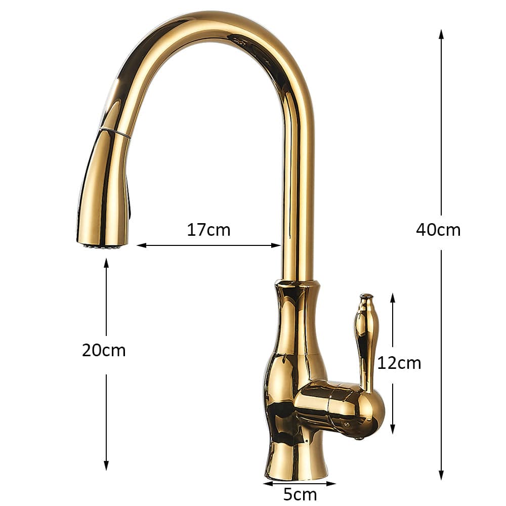 Baterie de bucatarie, aurie, cu furtun extractibil si 2 functii de curgere a apei, cod 1322