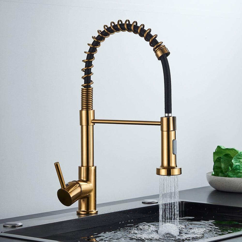 Baterie de bucatarie, auriu nichelat cu negru, cu 2 functii de curgere si dus extractibil, cod 1551