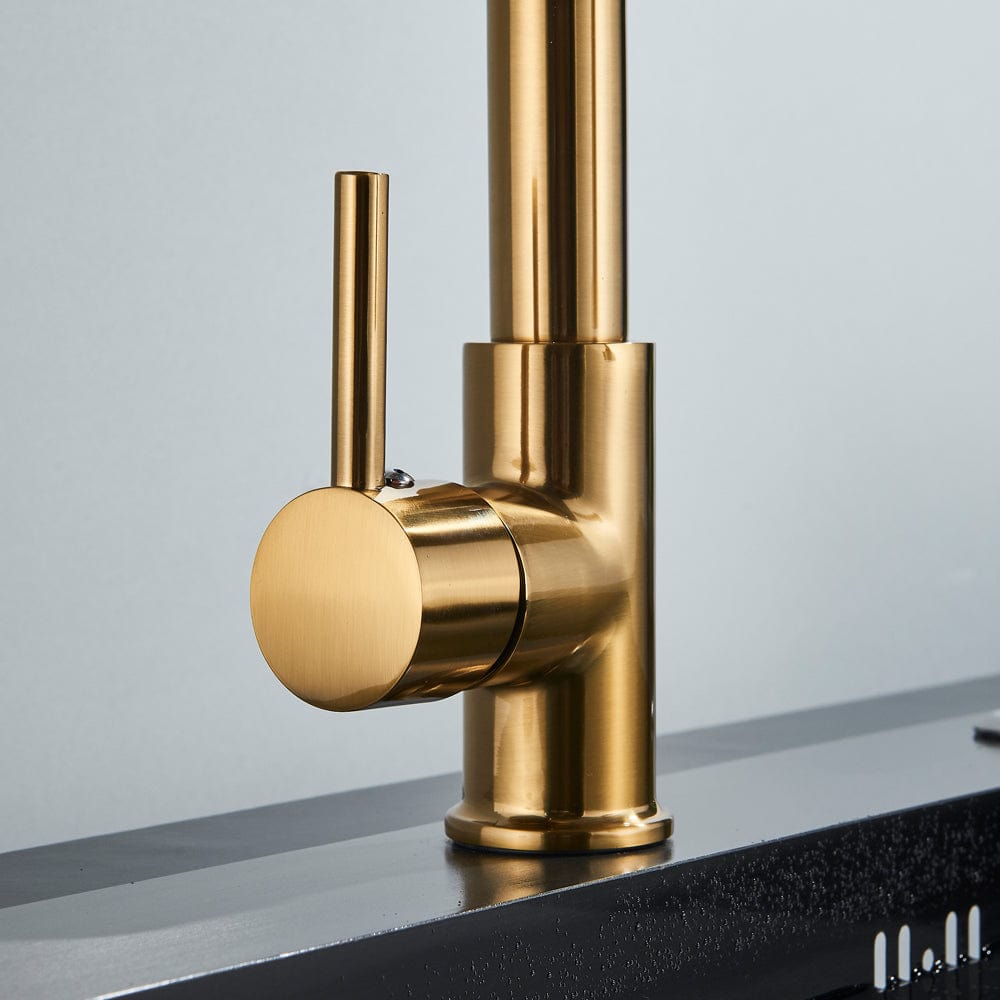 Baterie de bucatarie, auriu nichelat cu negru, cu 2 functii de curgere si dus extractibil, cod 1551