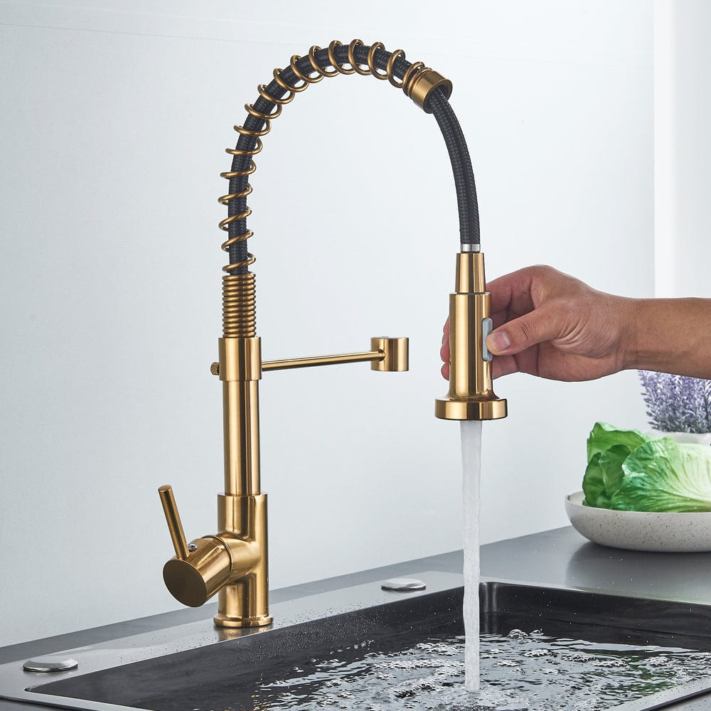 Baterie de bucatarie, auriu nichelat cu negru, cu 2 functii de curgere si dus extractibil, cod 1551