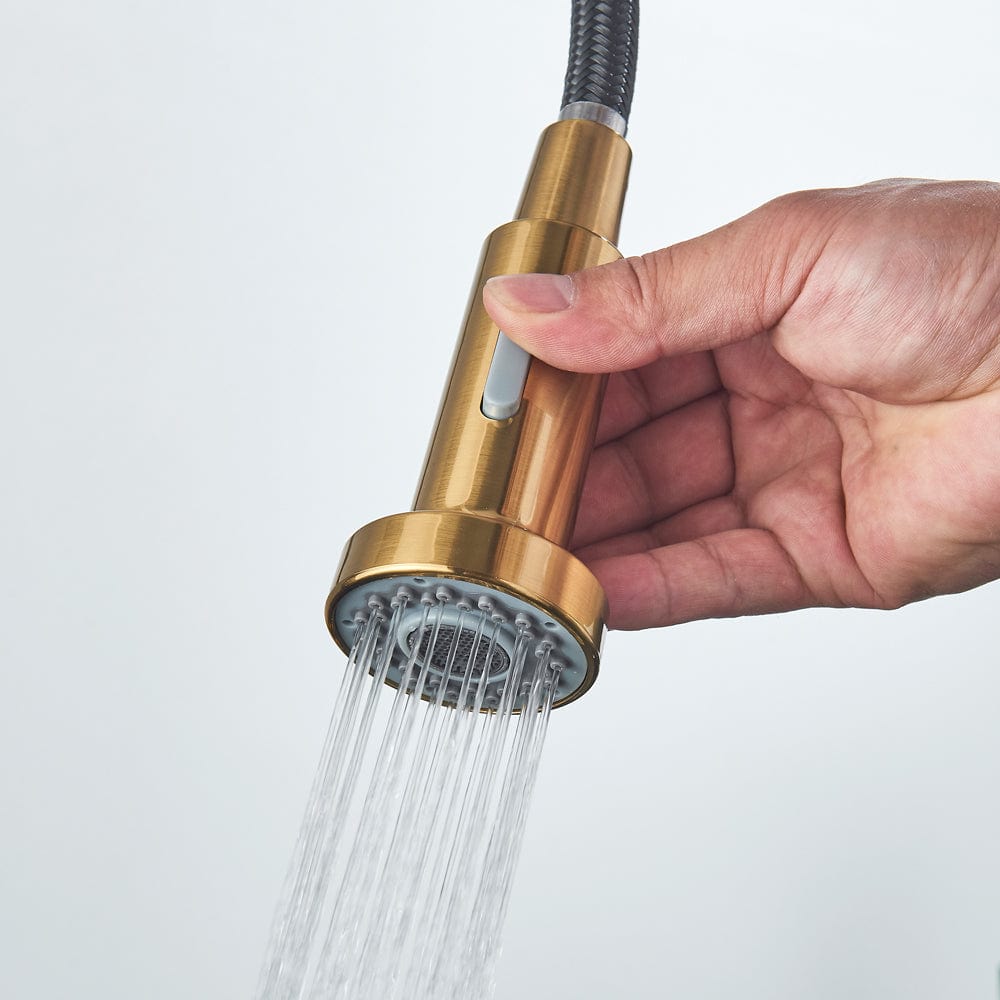 Baterie de bucatarie, auriu nichelat cu negru, cu 2 functii de curgere si dus extractibil, cod 1551