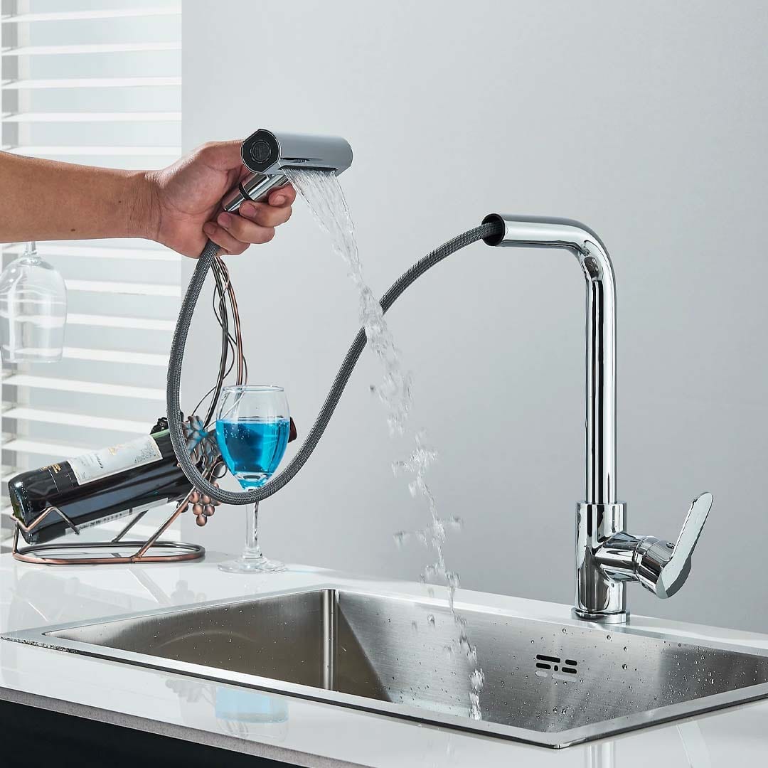 Baterie de bucătărie/baie cu duș extractibil, argintiu lucios, cod 1672