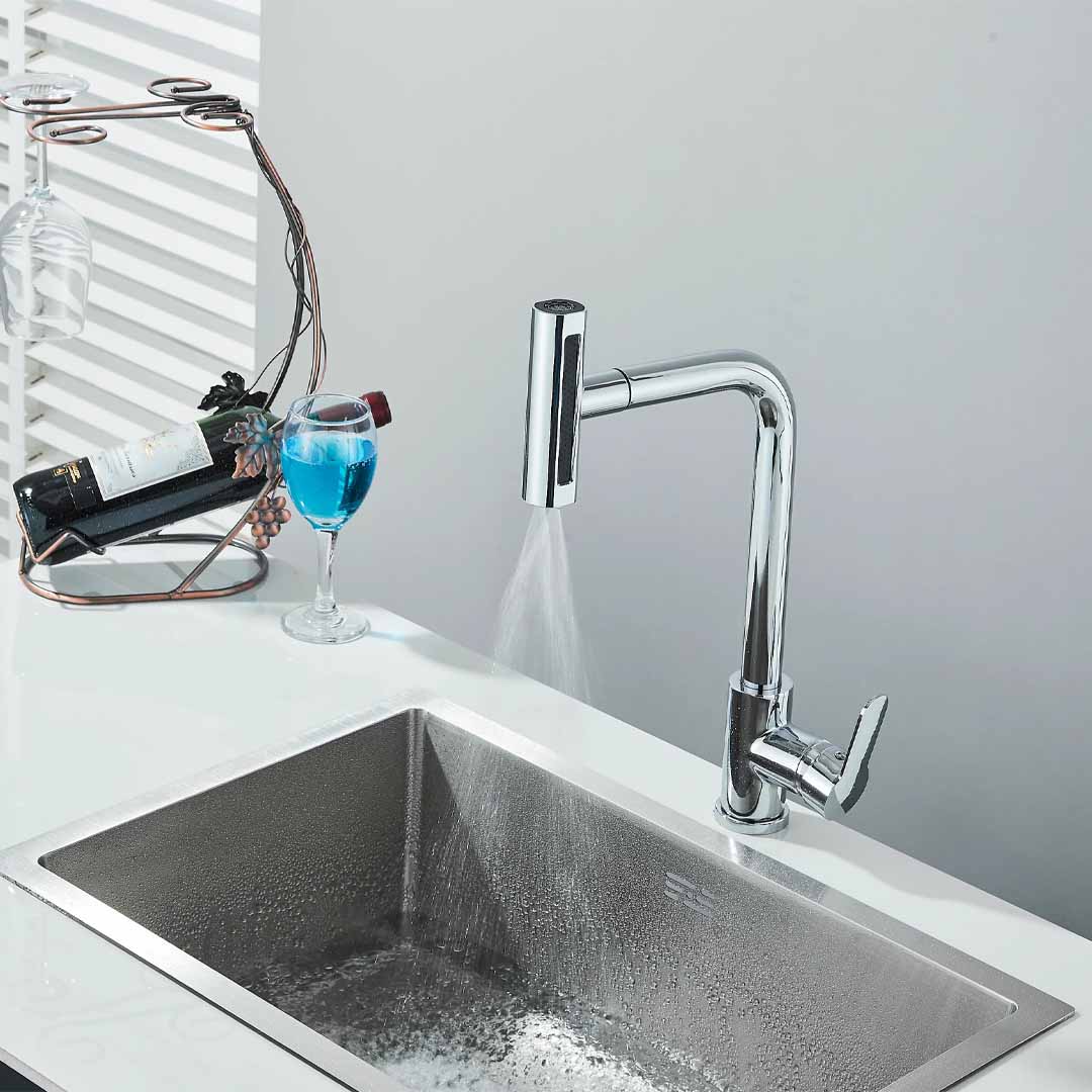 Baterie de bucătărie/baie cu duș extractibil, argintiu lucios, cod 1672