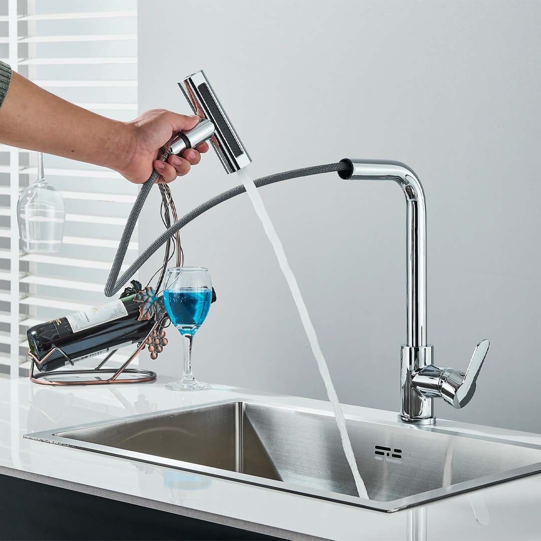 Baterie de bucătărie/baie cu duș extractibil, argintiu lucios, cod 1672