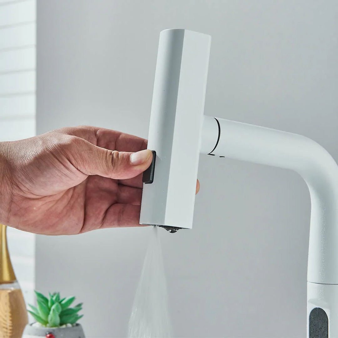 Baterie de bucătărie/baie cu duș extractibil, display LED și 3 moduri de curgere, alb, cod 1495