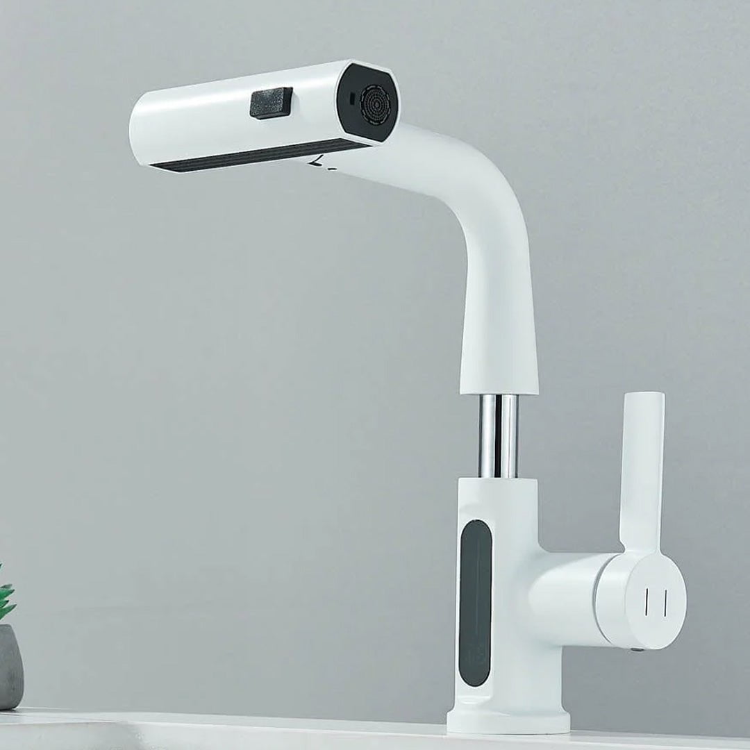 Baterie de bucătărie/baie cu duș extractibil, display LED și 3 moduri de curgere, alb, cod 1495