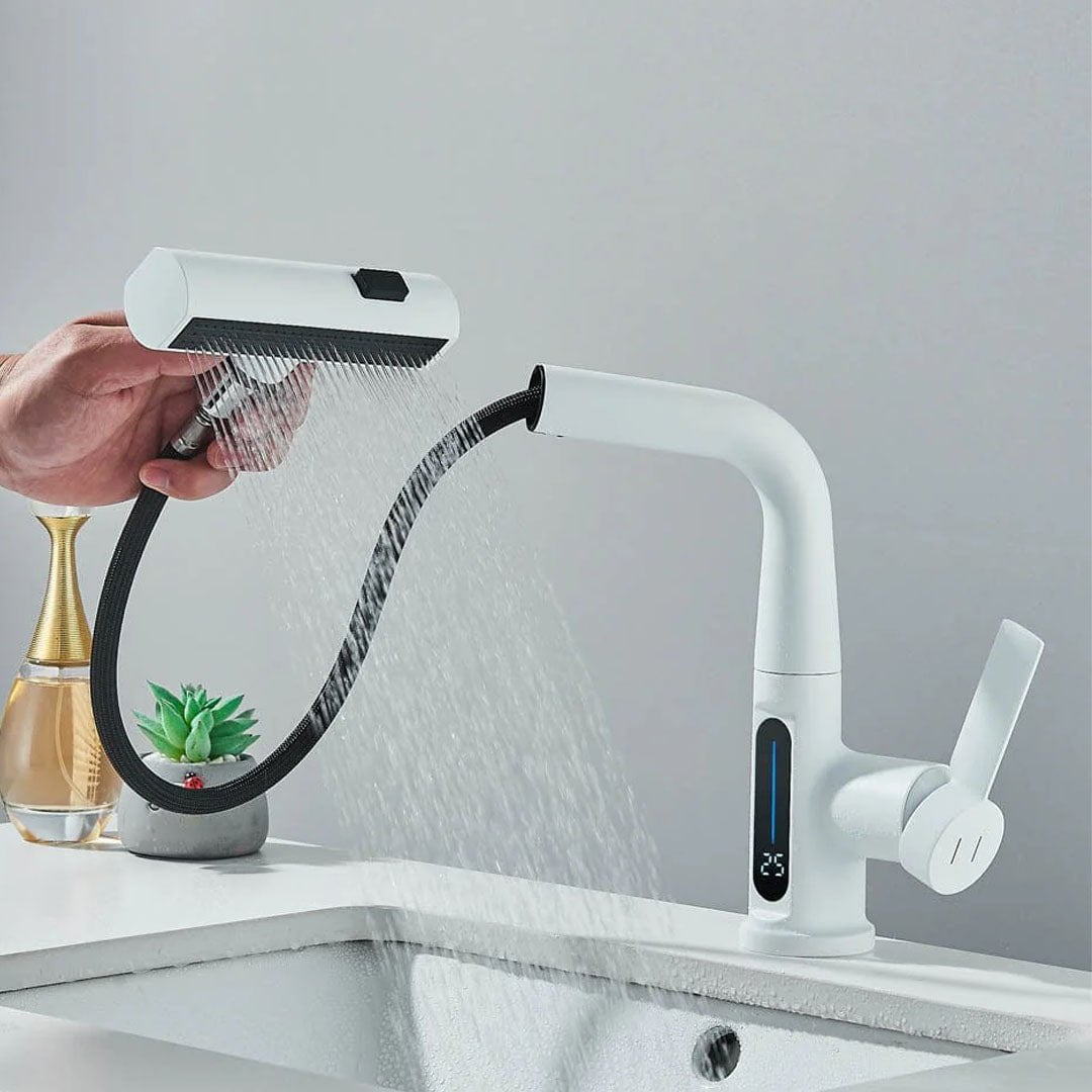 Baterie de bucătărie/baie cu duș extractibil, display LED și 3 moduri de curgere, alb, cod 1495