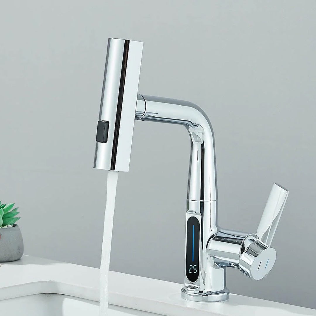 Baterie de bucătărie/baie cu duș extractibil, display LED și 3 moduri de curgere, argintiu cromat, cod 1494