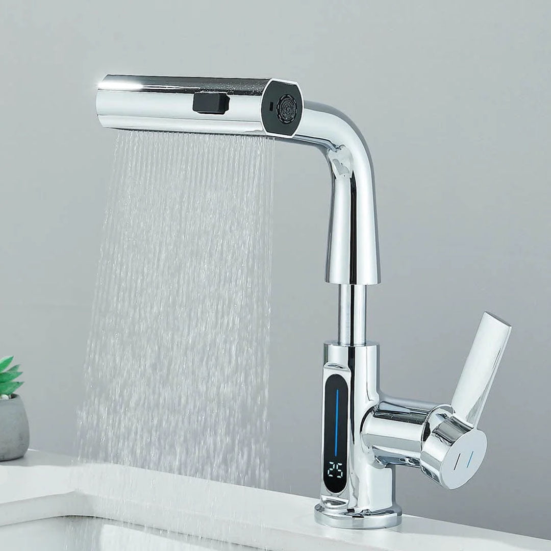 Baterie de bucătărie/baie cu duș extractibil, display LED și 3 moduri de curgere, argintiu cromat, cod 1494