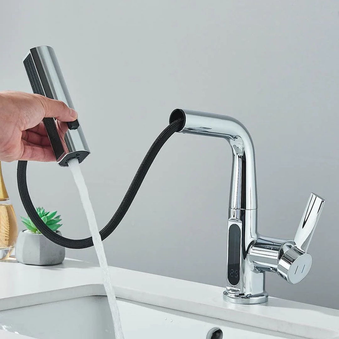 Baterie de bucătărie/baie cu duș extractibil, display LED și 3 moduri de curgere, argintiu cromat, cod 1494