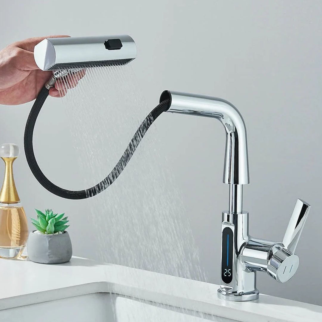 Baterie de bucătărie/baie cu duș extractibil, display LED și 3 moduri de curgere, argintiu cromat, cod 1494
