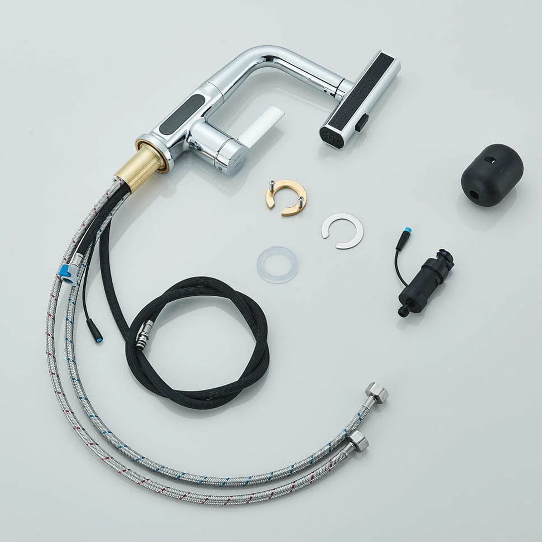 Baterie de bucătărie/baie cu duș extractibil, display LED și 3 moduri de curgere, argintiu cromat, cod 1494