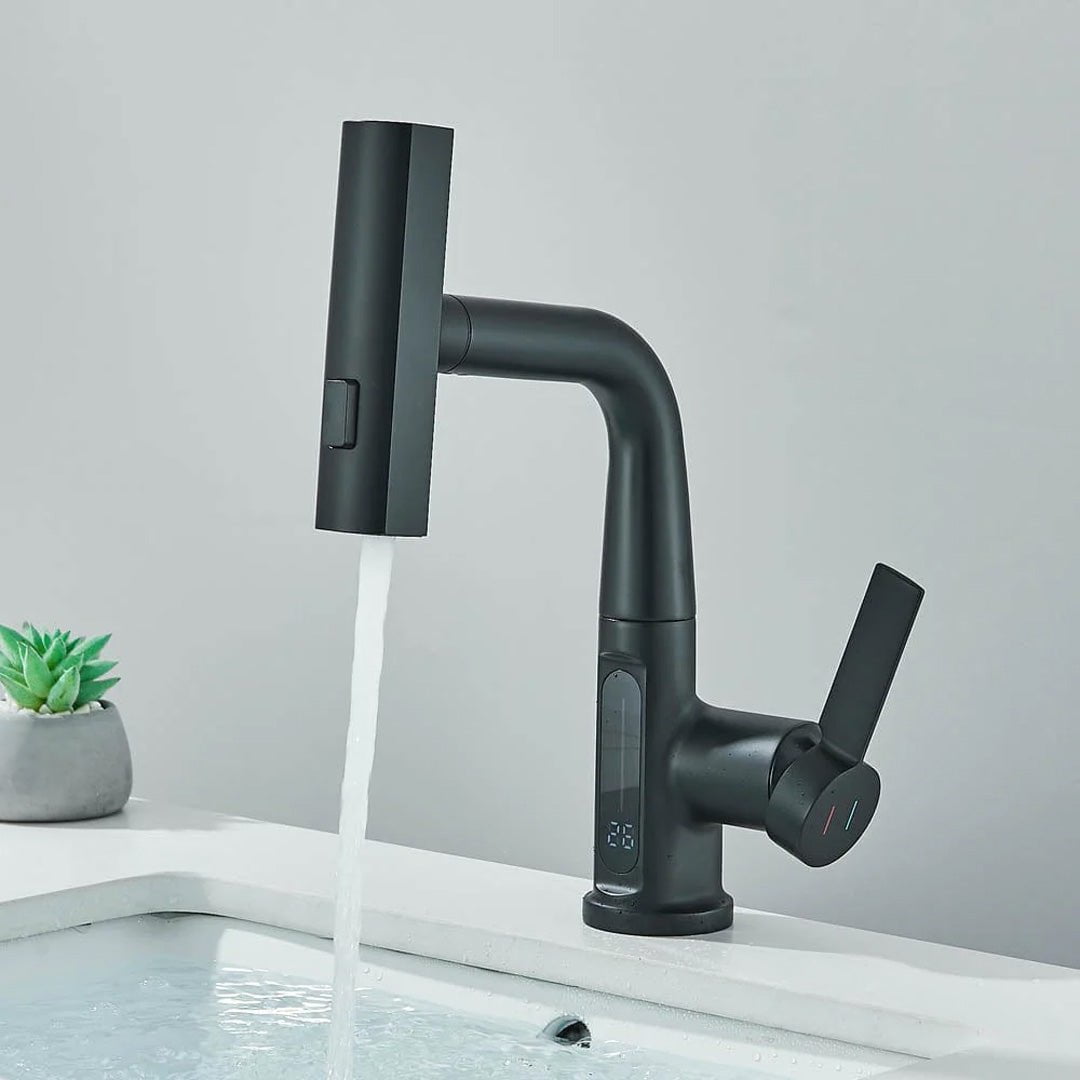 Baterie de bucătărie/baie cu duș extractibil, display LED și 3 moduri de curgere, negru, cod 1496