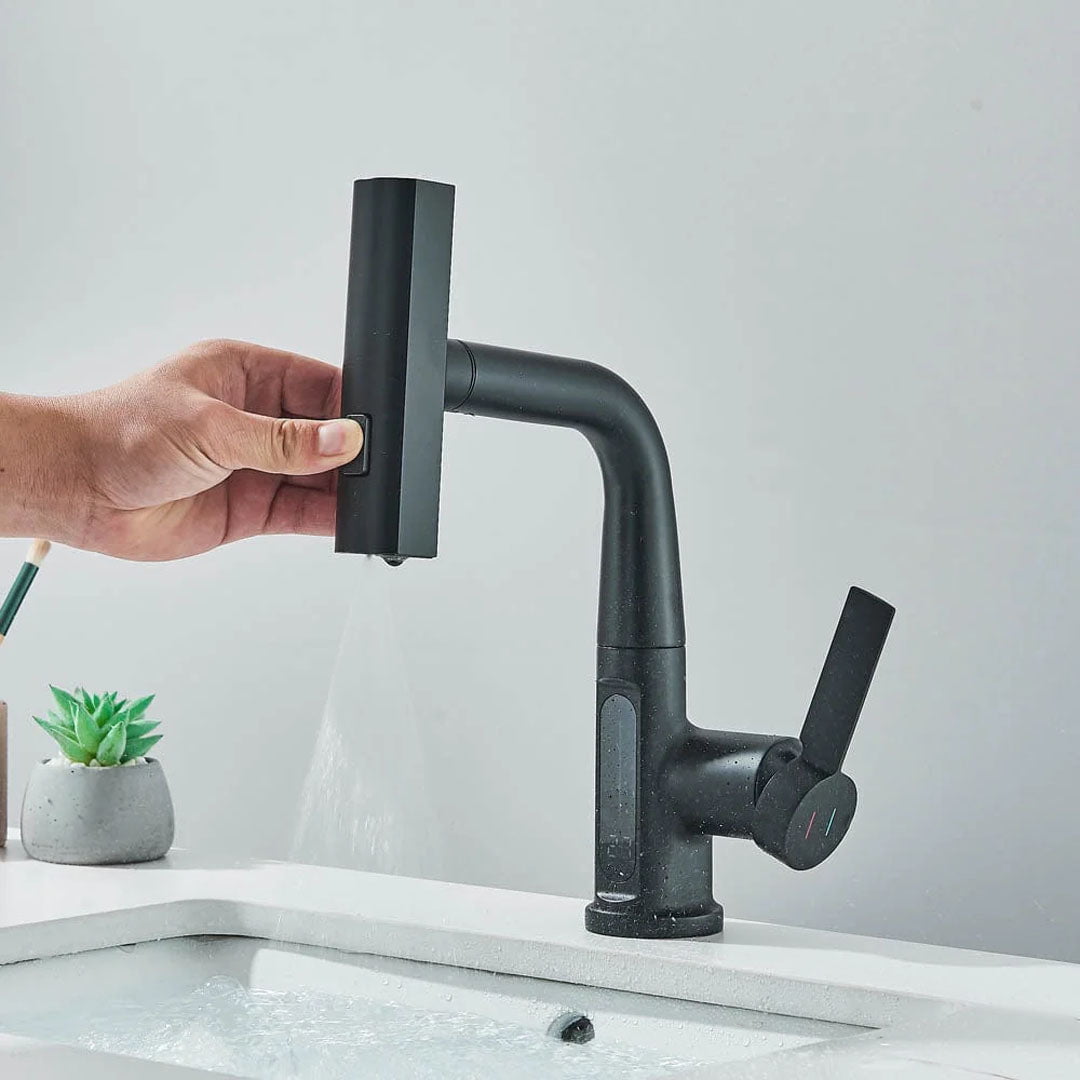 Baterie de bucătărie/baie cu duș extractibil, display LED și 3 moduri de curgere, negru, cod 1496