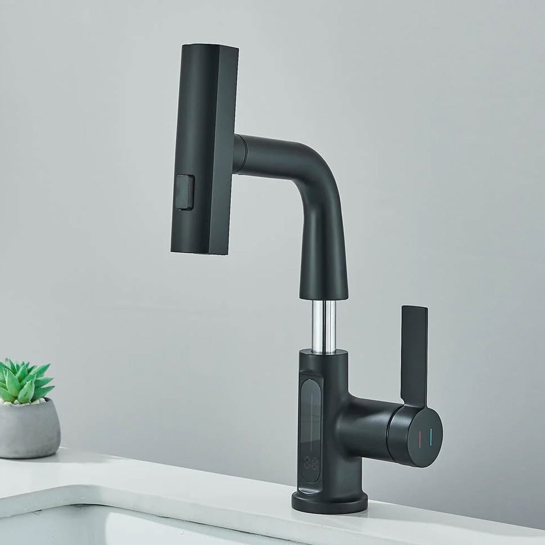 Baterie de bucătărie/baie cu duș extractibil, display LED și 3 moduri de curgere, negru, cod 1496