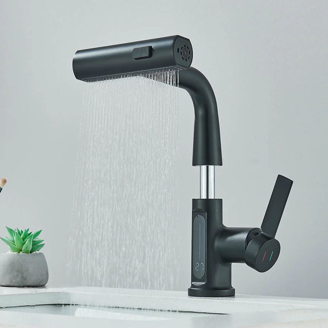 Baterie de bucătărie/baie cu duș extractibil, display LED și 3 moduri de curgere, negru, cod 1496