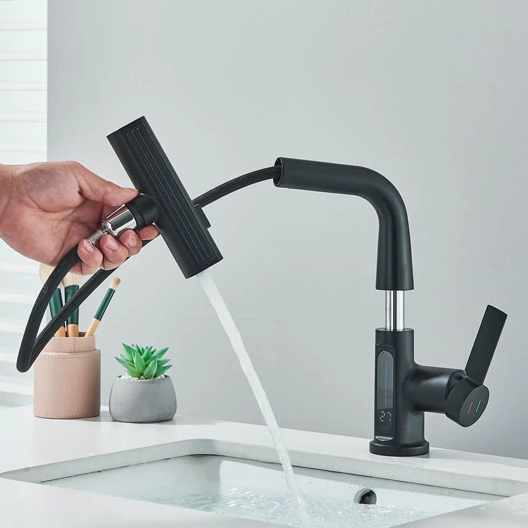 Baterie de bucătărie/baie cu duș extractibil, display LED și 3 moduri de curgere, negru, cod 1496