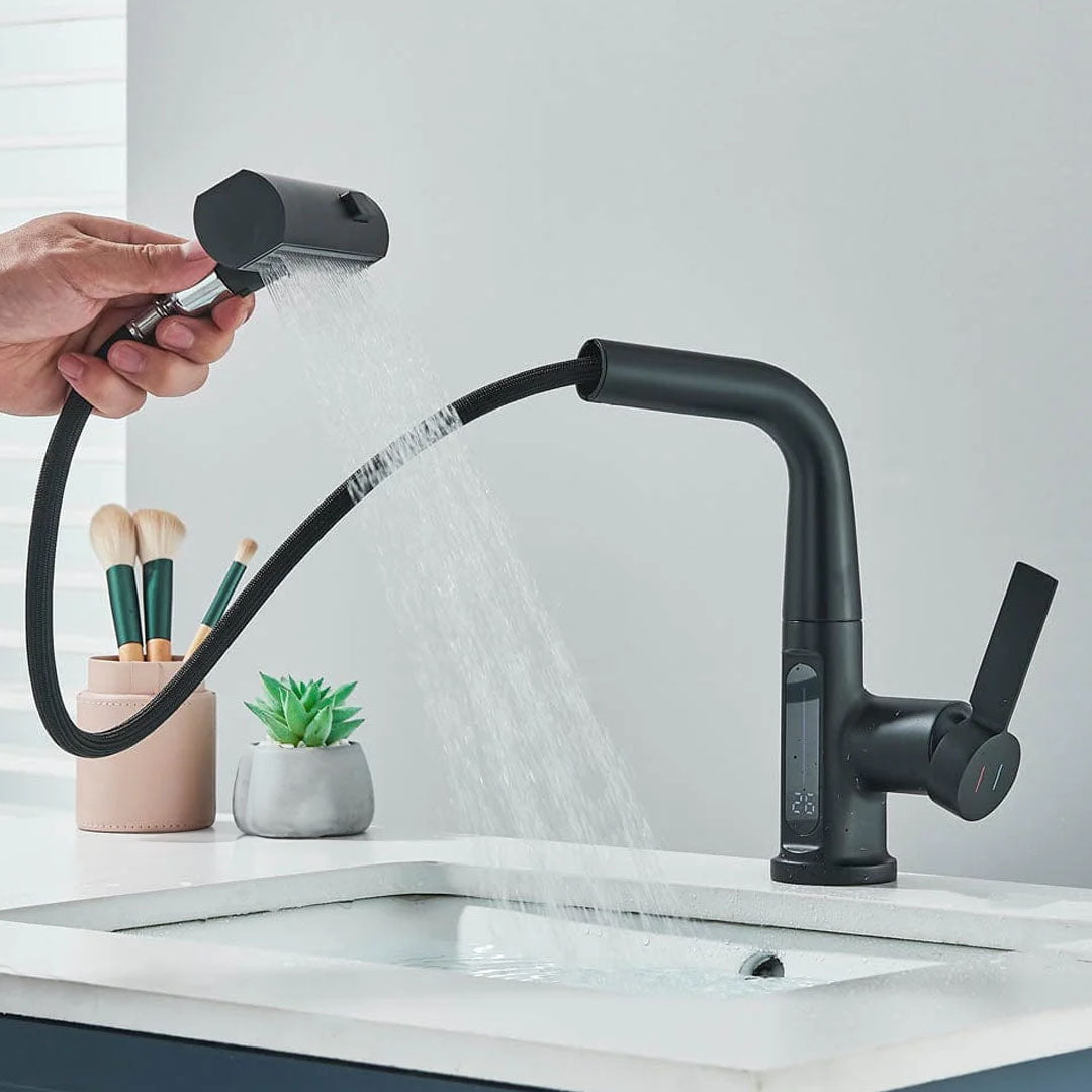 Baterie de bucătărie/baie cu duș extractibil, display LED și 3 moduri de curgere, negru, cod 1496