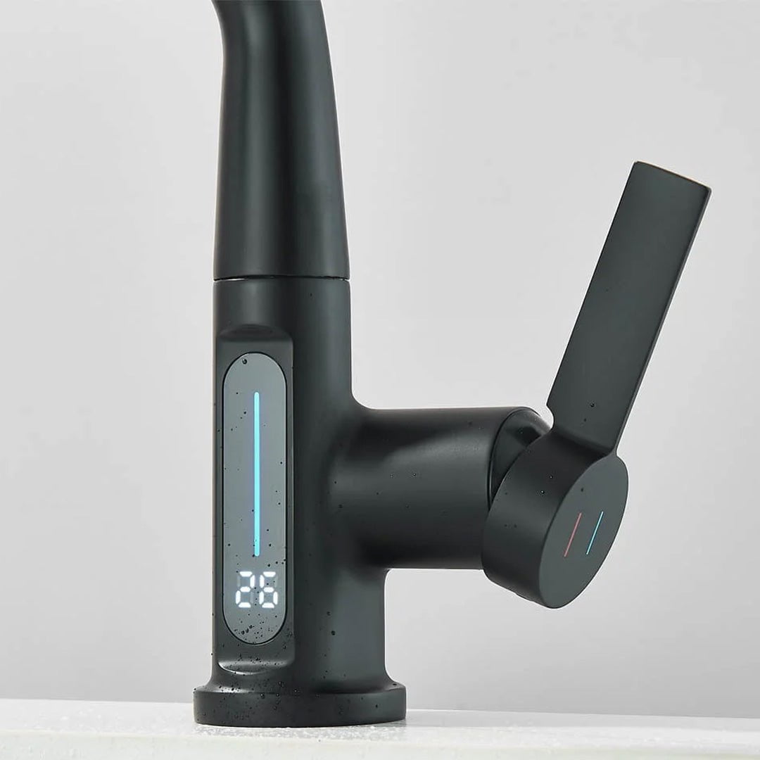 Baterie de bucătărie/baie cu duș extractibil, display LED și 3 moduri de curgere, negru, cod 1496