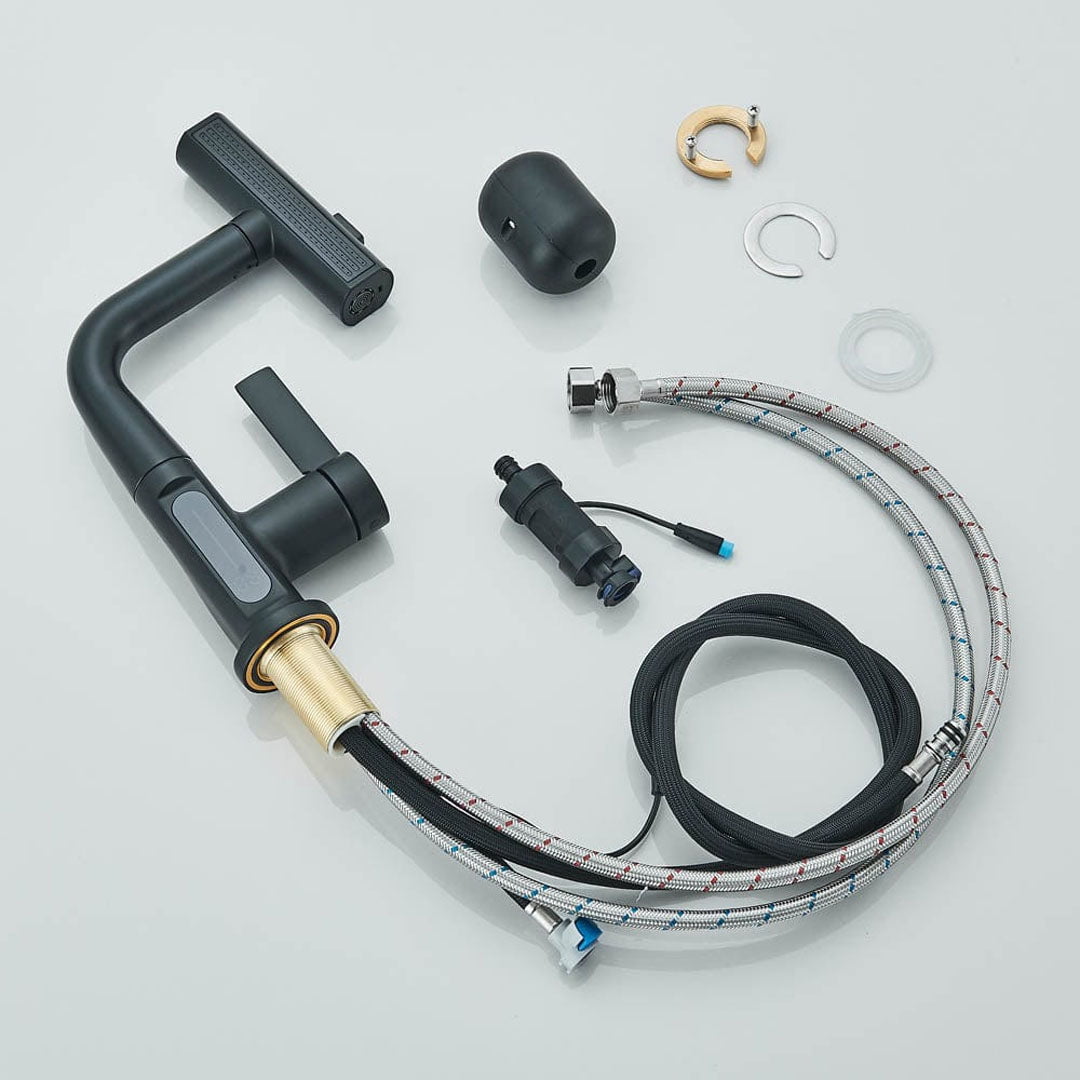 Baterie de bucătărie/baie cu duș extractibil, display LED și 3 moduri de curgere, negru, cod 1496