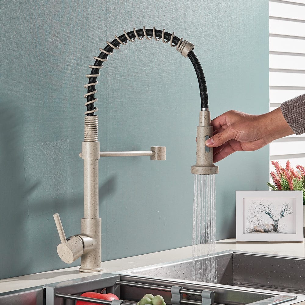 Baterie de bucatarie, bej cu aspect granit, cu 2 functii de curgere si dus flexibil, cod 1518