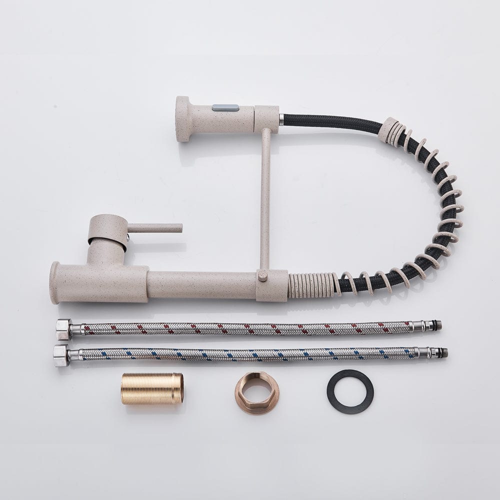 Baterie de bucatarie, bej cu aspect granit, cu 2 functii de curgere si dus flexibil, cod 1518