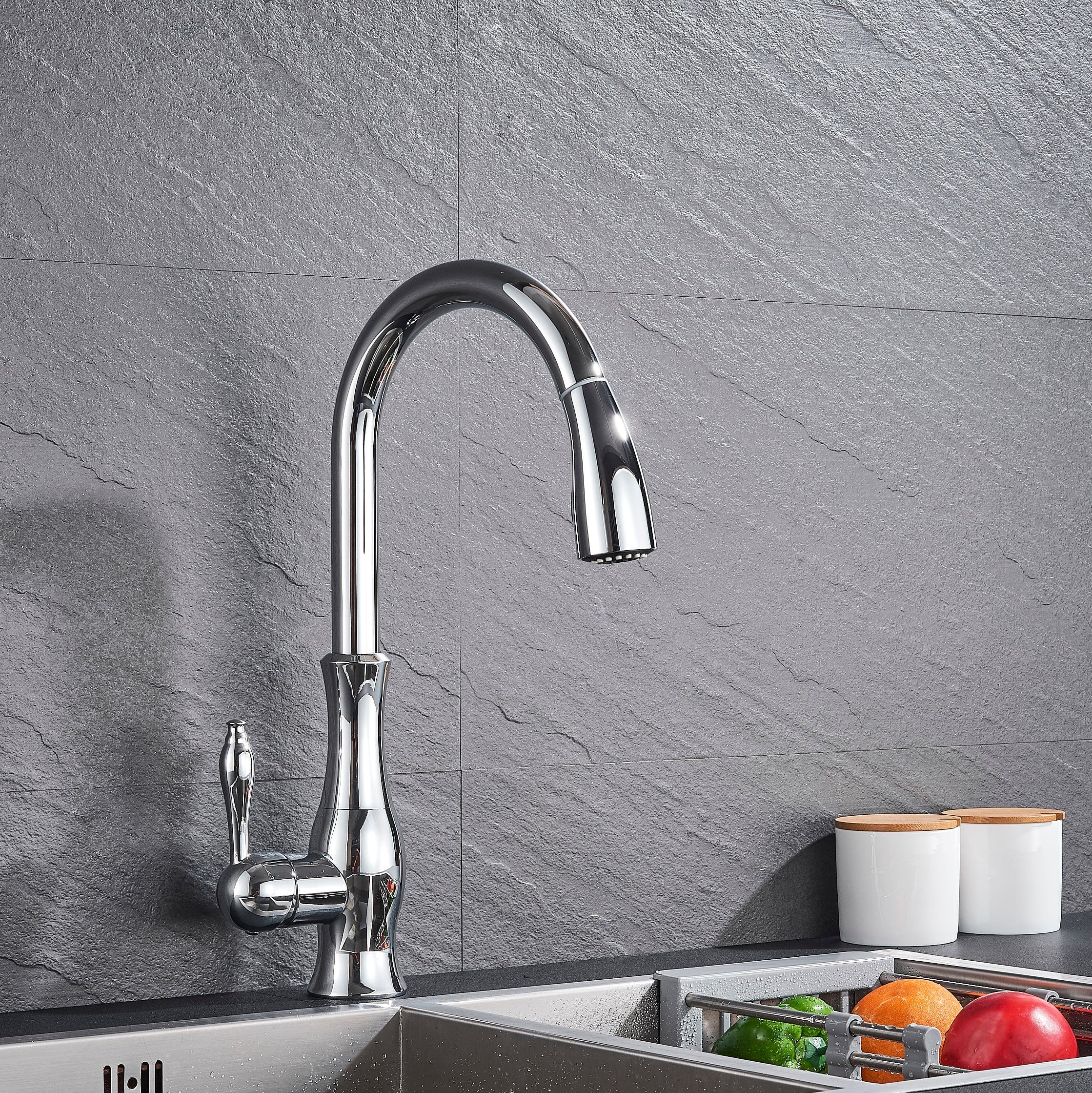 Baterie de bucatarie, cromata, cu furtun extractibil si 2 functii de curgere a apei, cod 1321