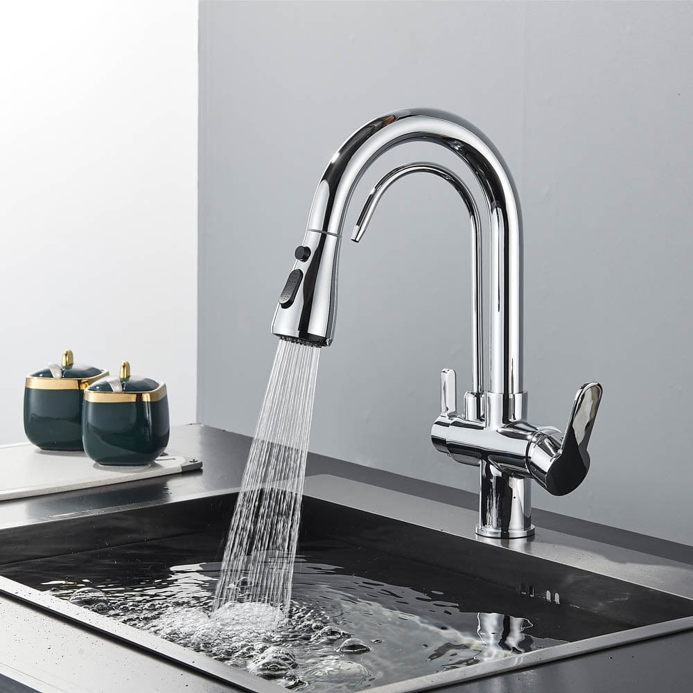 Baterie de bucatarie cu 3 căi, argintiu lucios, cu 2 funcții de curgere și duș extractibil, cod 1461