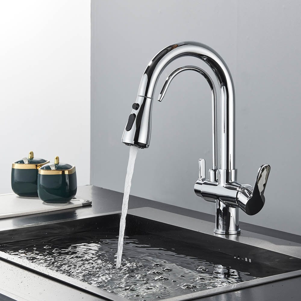 Baterie de bucatarie cu 3 căi, argintiu lucios, cu 2 funcții de curgere și duș extractibil, cod 1461