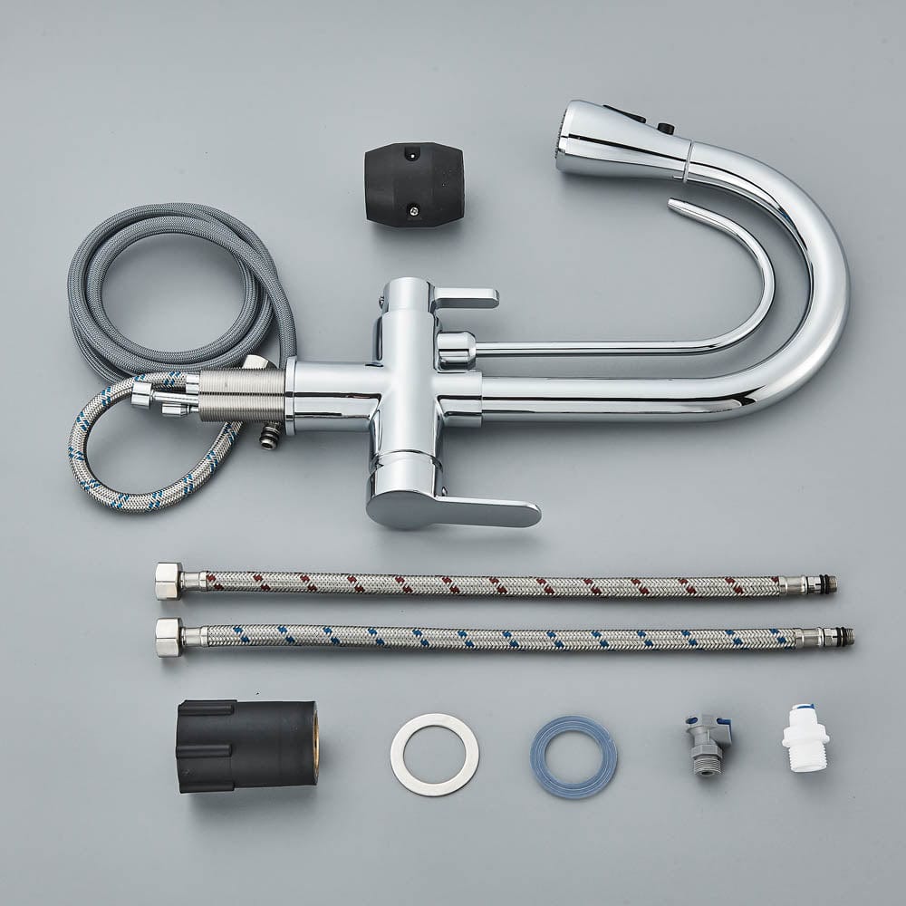 Baterie de bucatarie cu 3 căi, argintiu lucios, cu 2 funcții de curgere și duș extractibil, cod 1461